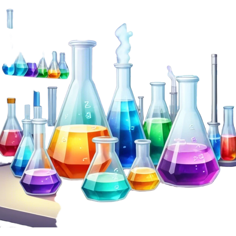A set of colorful growing crystals in various stages of development, surrounded by beakers and jars with chemical solutions. Light shining on the crystals creates a dazzling glow. Background of a clean, well-lit workspace with scientific tools and equipment. Transparent background. emoji