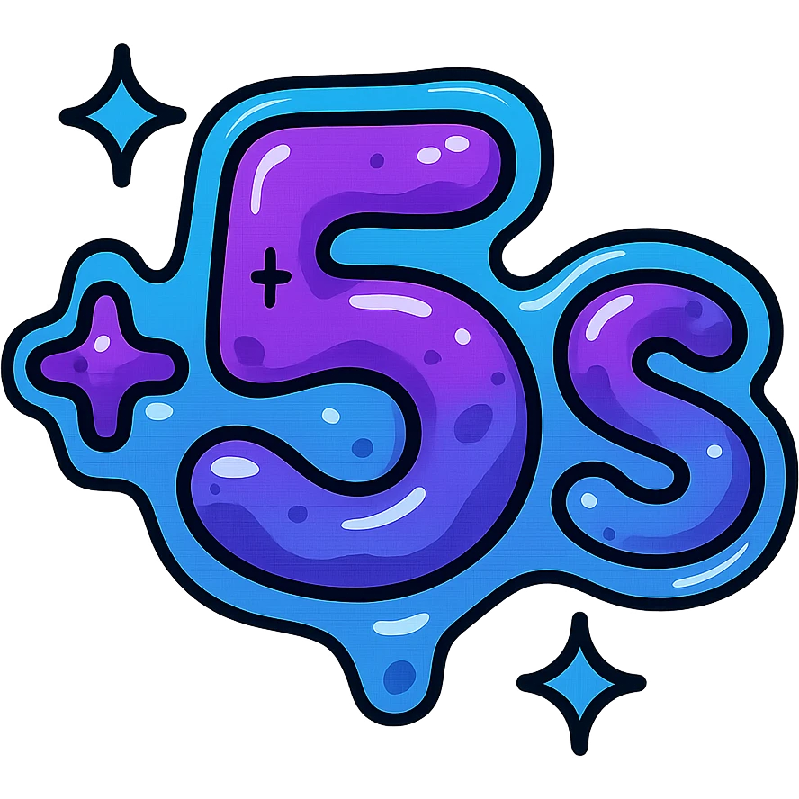 símbolo '+5s' con efecto de metal líquido cósmico en morado y azul, 's' en subíndice, borde de neón azul eléctrico, efecto animado de brillo y movimiento líquido emoji