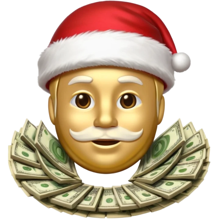 A confident rich emoji face wearing a Santa hat, money stacks, casino vibe, New Year theme, premium 3D emoji style, sharp details, no text, isolated on transparent background emoji