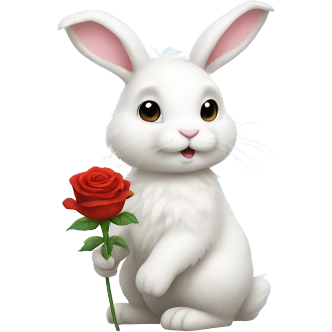 White fluffy bunny holding a rose emoji