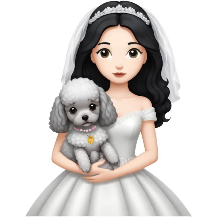 A beautiful girl with long black hair in a wedding dress holds a small gray poodle emoji
