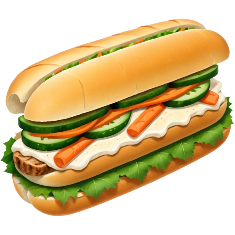 traditional banh mi with char grilled pork emoji 


    Very crusty baguette

    Mayo 

    Pickled carrot 

    Cucumber, coriander/cilantro, green onion, chilli 
 emoji