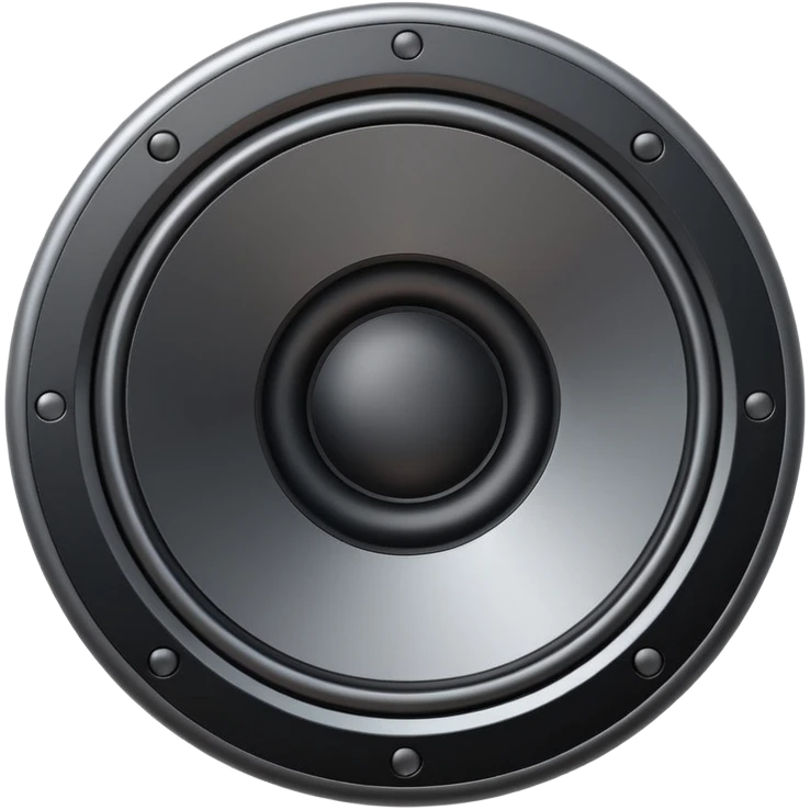 Minimal emoji icon of a modern metallic speaker, front view, detailed geometry, dark metallic body, subtle highlights, isolated emoji