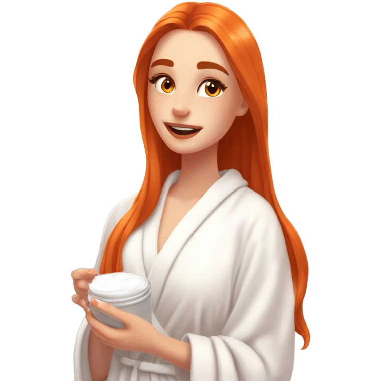 Girl putting cream on face bathroom red orange hair orange brown eyes beautiful face thick eyelashes pink lips gorgeous skinny fair skin white aesthetic tall girl doing skincare cozy robe hair in white towel emoji