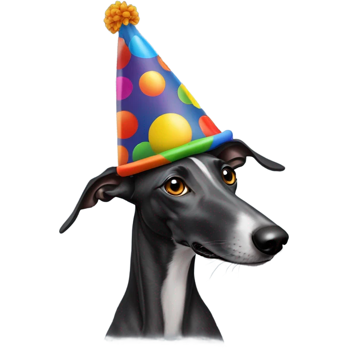 Black greyhound wearing a clown hat emoji