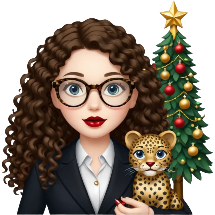 A girl with white pale skin, blue eyes, full lips, brunette long curly hair. She has a leopard print round-ish shaped glasses. She is wearing a all black suit. And she has red lipstick. She is putting gold ornaments happily to a christmas tree. emoji