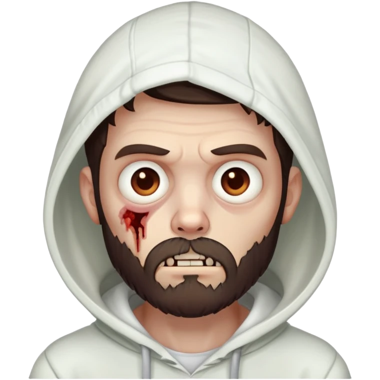 thinking zombie wearing white hoodie, with dark brown hair and short full beard emoji