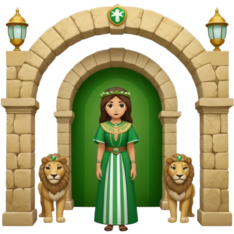 Andalousie drapeau 2 bande verte qui et une bande blanche au milieu avec une femme avec 1 lion de chaque coter d’elle sous un arc en pierre  emoji