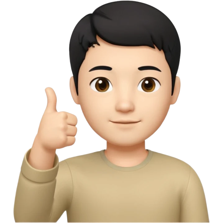 3D avatar of a Korean male frontend developer,
short black hair with clean 5:5 middle part,
no glasses,
one hand making thumbs up gesture,
calm and friendly expression,
minimal professional style emoji