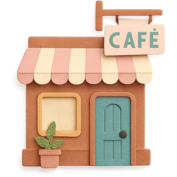 cozy coffee shop entrance with pastel hanging sign and cute details, hand-drawn soft pastel style emoji