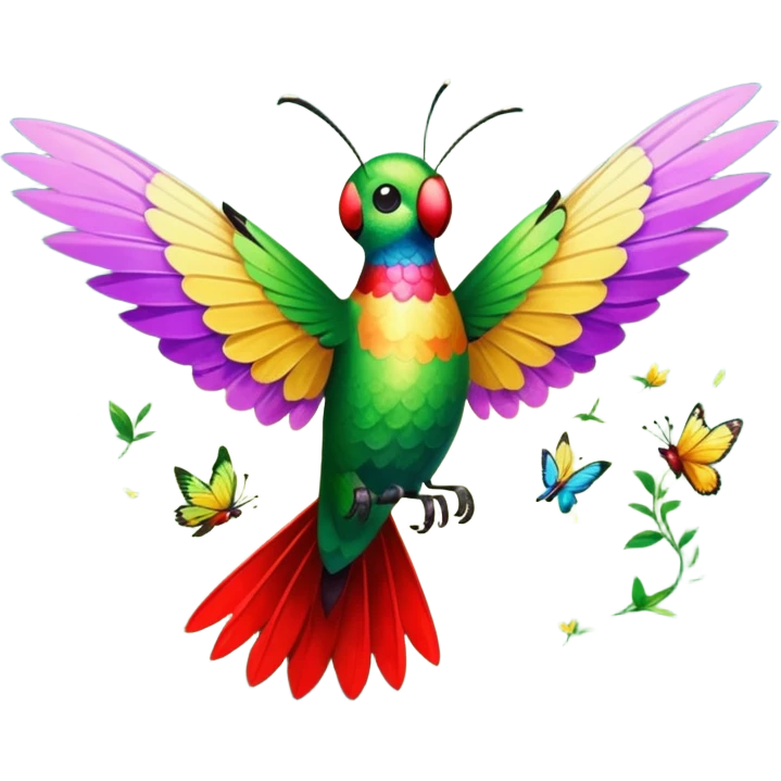 La la mañana se alegra entre flores y praderas ve avanzar mariposa bella y majestuosa entre colibrís emoji