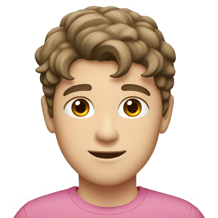 White boy with dark brown hair flipped to the side. Pink shirt.  emoji