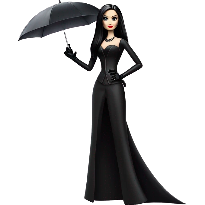 Stunning in the Spotlight Barbie, teen Morticia Addams,showing off, show full body,accessories  gloves umbrella  emoji