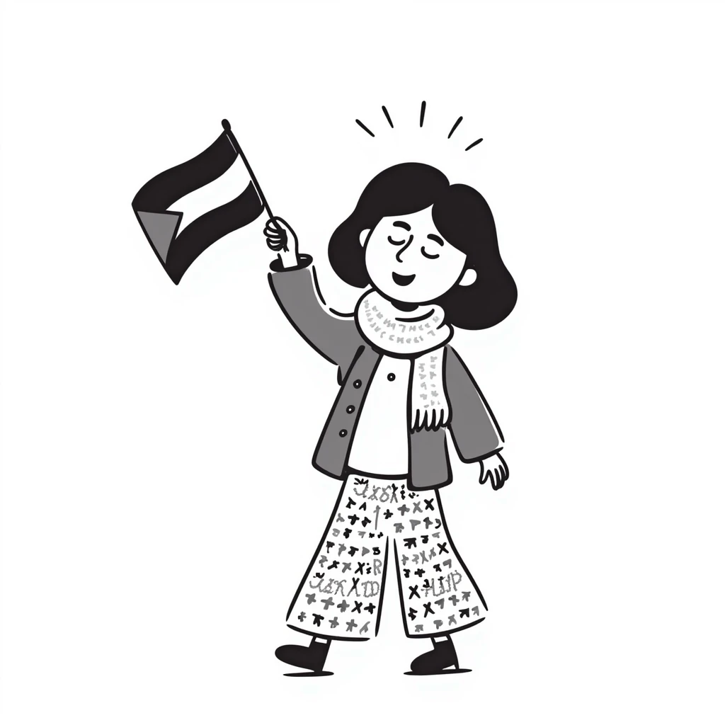 a hijab-wearing girl wearing the Palestinian keffiyeh and holding the Oman flag, hand drawn doodle style emoji