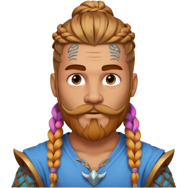 big lose braids starting from the top sides of the head hair like a unicorn man with mustache face wiith big visible loose only two braids and lots and lots of colored face tattoos colored tattoos like a tattoo artist hair unique color and beard viking  emoji