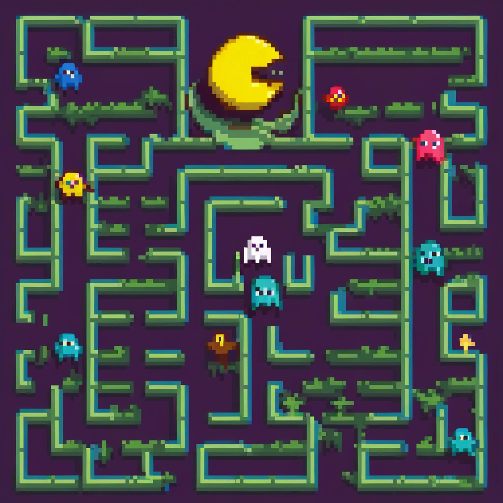 8-bit pacman game scene with dots and ghosts emoji