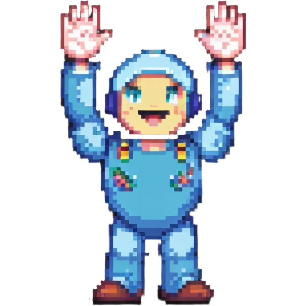 Retro video game character celebrating with arms raised emoji