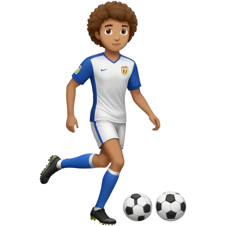 Slightly tan tall fit man with brown fluffy hair and a soccer jersey emoji