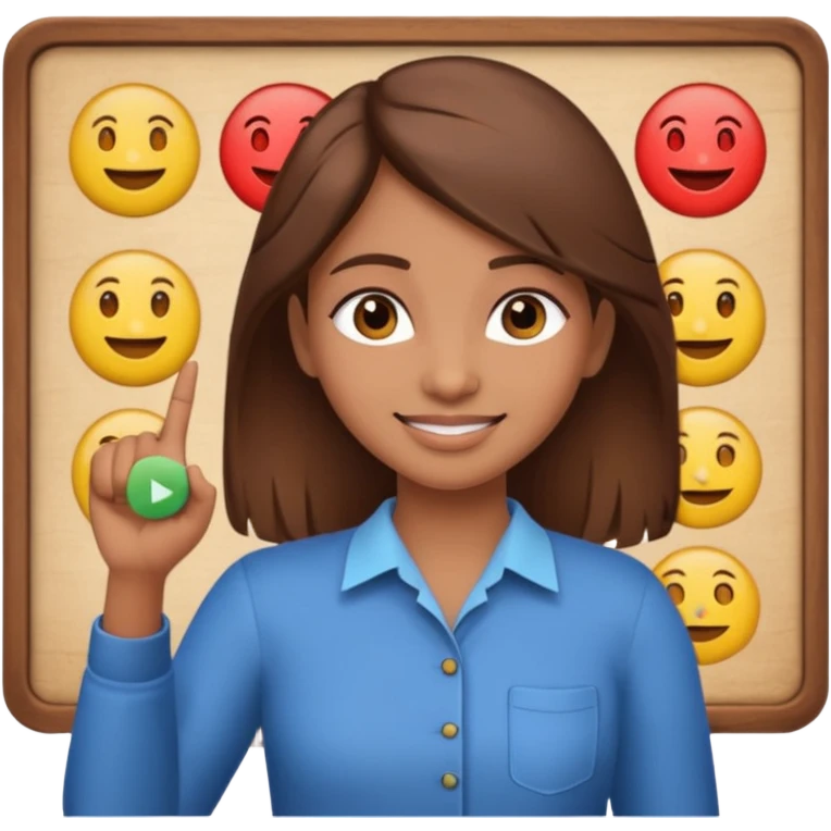 Make an emoji of a Indian origin but fair skinned girl with brown hair who is teaching how to make emojis on a board pointing to the board like a teacher emoji