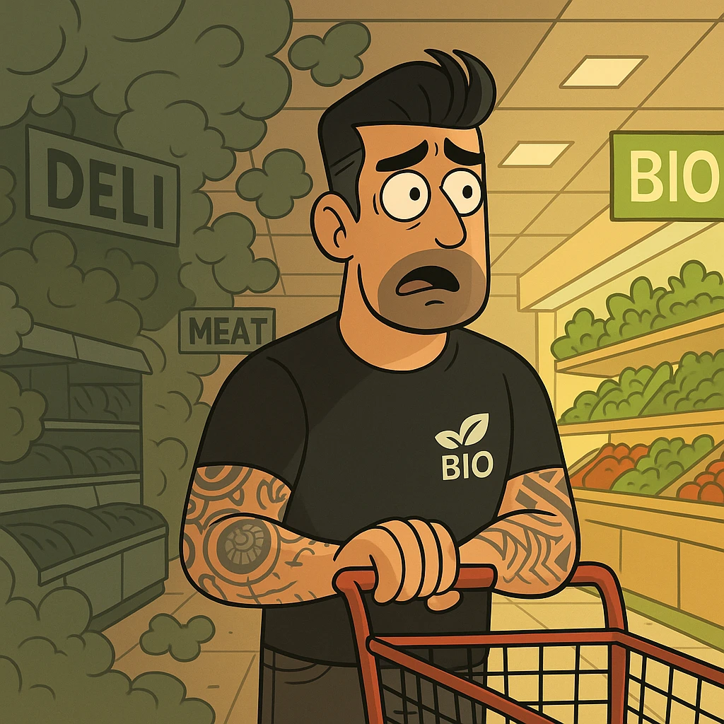 A cartoon style man in a supermarket where all departments are enveloped in a toxic cloud except the BIO department, which is bright and clean. The man has a surprised or worried expression. The atmosphere is ironic and caricatural. emoji