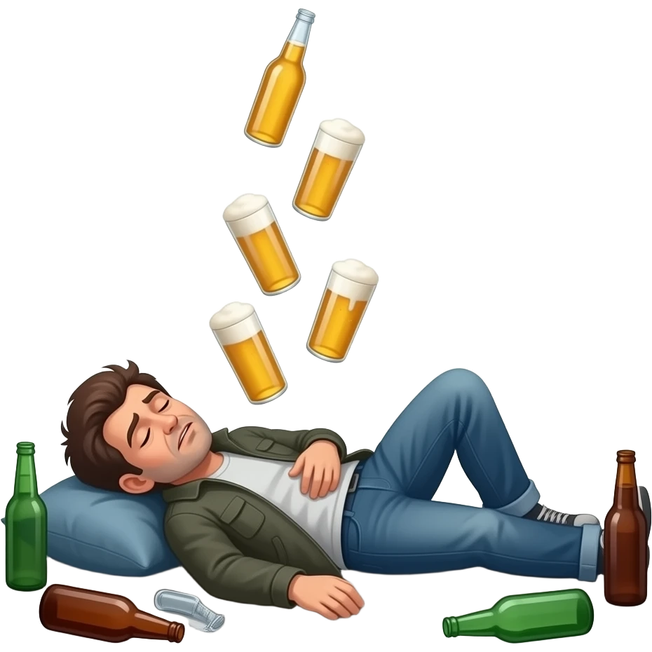 Бомж с бутылками вокруг лежит и над ним летает пиво emoji