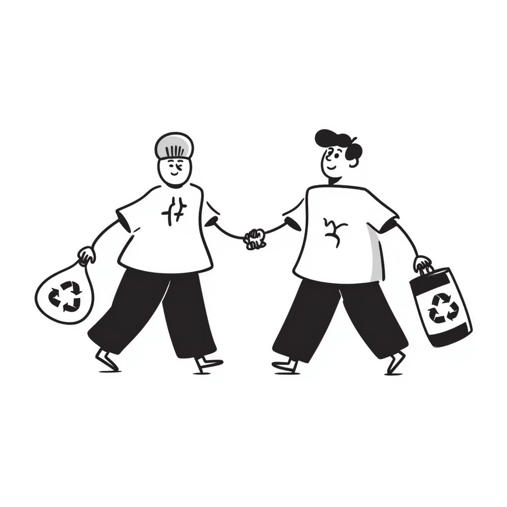 a lightbulb and a battery holding hands, each with a recycling bag, walking to recycle emoji