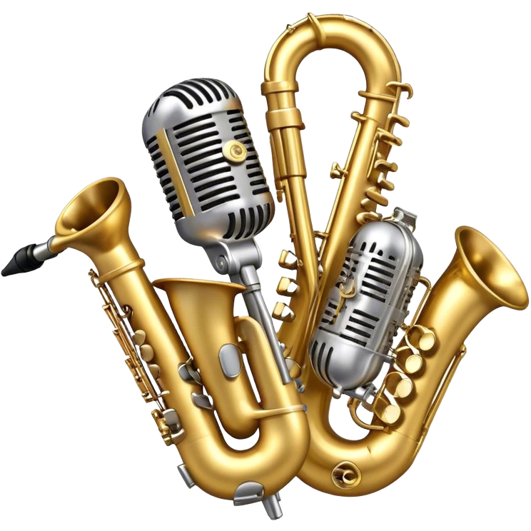 Create an artistic and dynamic emoji representing jazz vocal performance, featuring a vintage microphone as the central focus. Surround the microphone with traditional jazz instruments, such as a saxophone, trumpet, and upright bass, arranged in a harmonious, flowing design. Add musical notes and sound waves emanating from the microphone to symbolize the improvisational and expressive nature of jazz vocals. The instruments should have a polished, classic appearance with metallic gold and silver accents. Use rich colors like deep black, gold, and burgundy to evoke the sophisticated and soulful atmosphere of a jazz club. The background should be transparent. emoji
