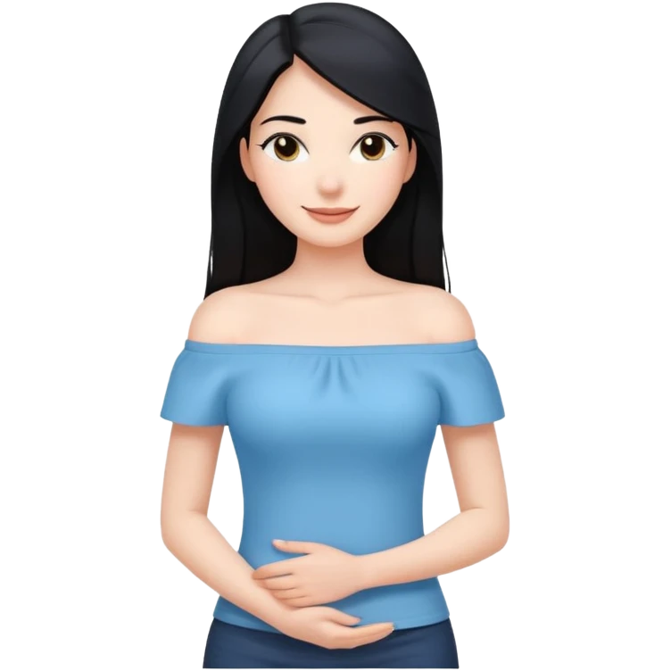 cewe ramah Kulit putih bersih, rambut hitam panjang sleek lurus. Pakai atasan biru muda off the shoulder . Pose tangan di pinggang, tatapan senyum percaya diri. emoji