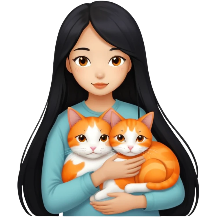 Oriental Asian girl with long black hair snuggling with an orange and white cat, cat is mostly white with orange patches, the girl is holding the cat lovingly emoji