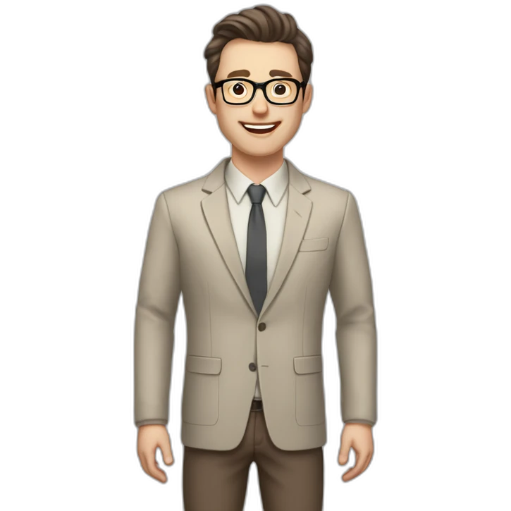 Joyful Full height Pale skinned Fit Man With dark brown hair in gray jacket, beige office shirt, Brown pants and vintage glasses. His thrumbs up emoji