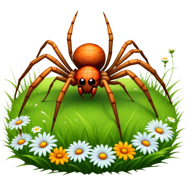 Huge spider sitting on grass with flowers, surrounded by a lush meadow. Detailed legs and body, with soft natural lighting enhancing its texture. Calm, serene background with vibrant greenery and a clear sky. Transparent background. emoji