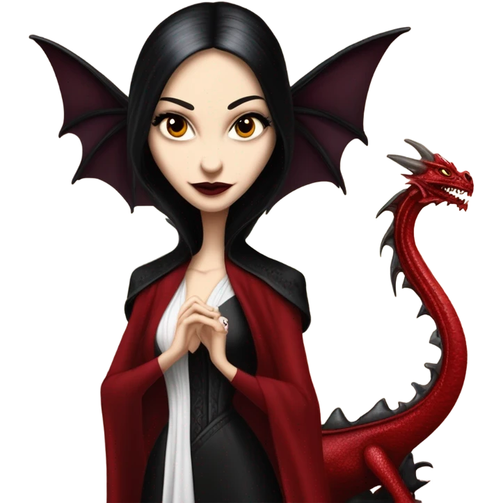 Lavish Victorian evening gown, young Morticia Addams Jedi wearing a mini tiara, riding on the back of a very large blood red evil-looking fire-spewing horned dragon emoji