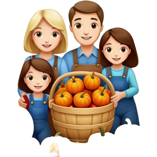 family picking apples and pumpkins together, autumn background, joyful emoji