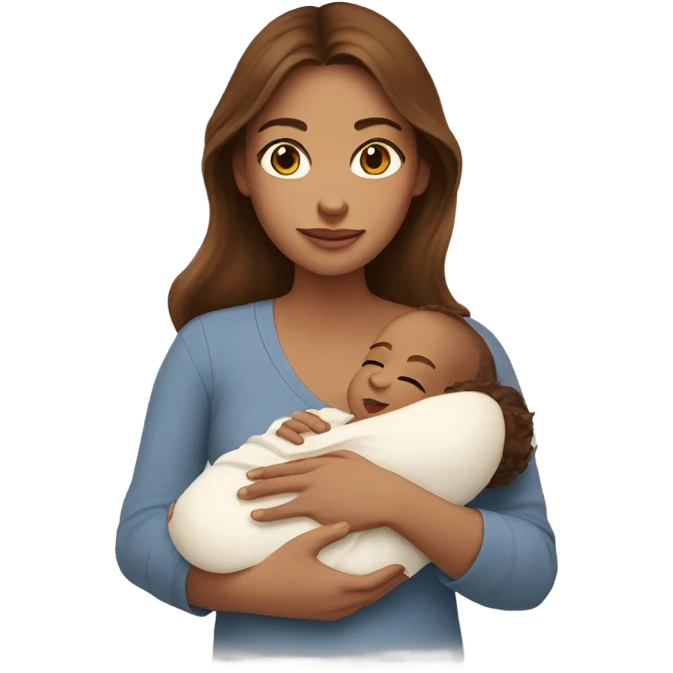 woman with hazel eyes and long brown hair holding newborn baby boy in arms emoji