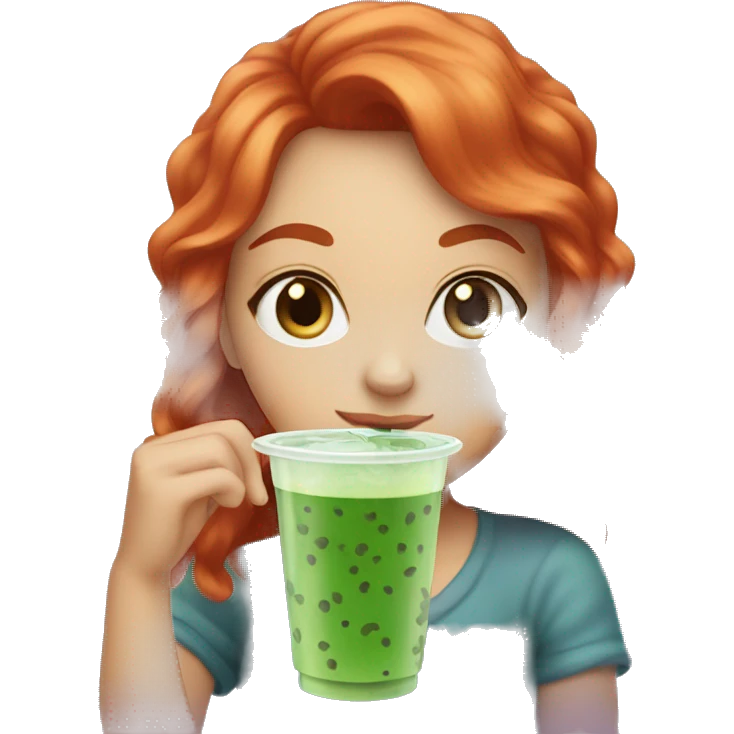 red haired girl with green eyes drinks bubble tea emoji