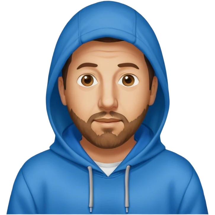 Adam Sandler with a beard in a blue hoodie with the hood on emoji