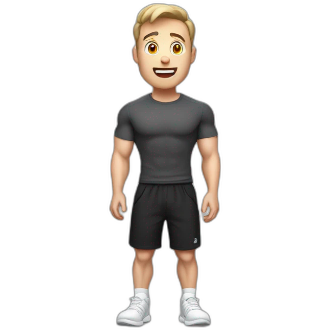 amazed Open with surprise mouth Pale skinned Fit Man With the biceps and dark brown hair in black shirt, gray sports shorts and white Sneakers emoji