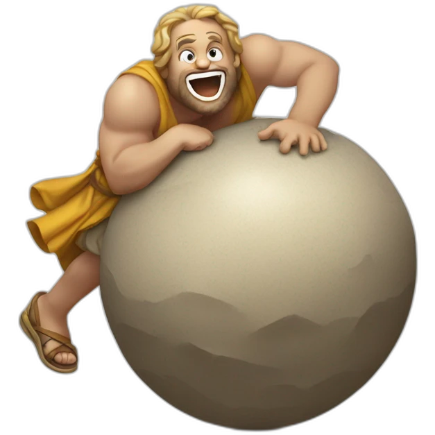 greek mythical guy sisyphus rolling up a big laughing emoji uphill emoji