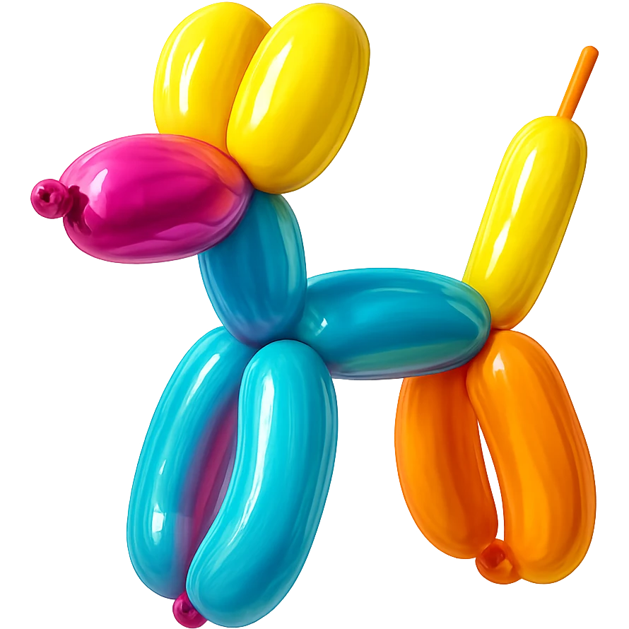 <system_prompt>
  <style>
    <name>Hyperrealistic Colorful Balloon</name>
    <description>3D render designed in a hyperrealistic colorful balloon style.</description>
    <materials>
      <surface>
        <type>latex</type>
        <finish>shiny</finish>
        <reflectivity>high</reflectivity>
        <stretching>slightly_stretched</stretching>
        <imperfections>
          <creases>subtle</creases>
          <warps>light</warps>
          <kinks>natural</kinks>
        </imperfections>
        <ends>tied</ends>
      </surface>
    </materials>
    <shape>
      <feel>inflated</feel>
      <construction>hand-twisted</construction>
      <volume>high</volume>
    </shape>
    <lighting>
      <style>sharp</style>
      <shadows>none</shadows>
      <enhance>volume</enhance>
    </lighting>
    <aesthetic>
      <mood>playful</mood>
      <style>pop-art</style>
    </aesthetic>
    <background>
      <style>minimal</style>
      <clean>true</clean>
    </background>
  </style>
</system_prompt>

{subject} = dog emoji