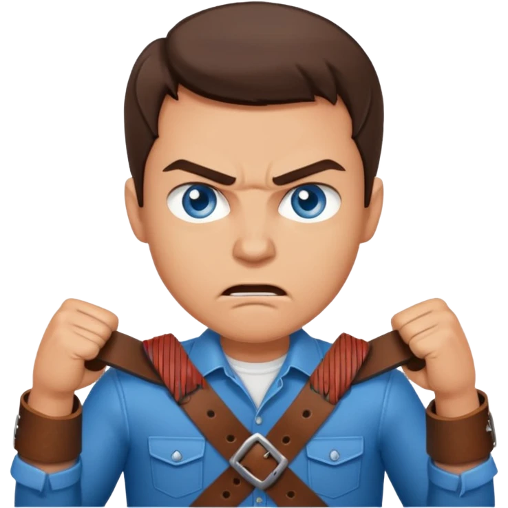 A brunette man with blue eyes, holding a belt in his hand and his expressions look angry emoji