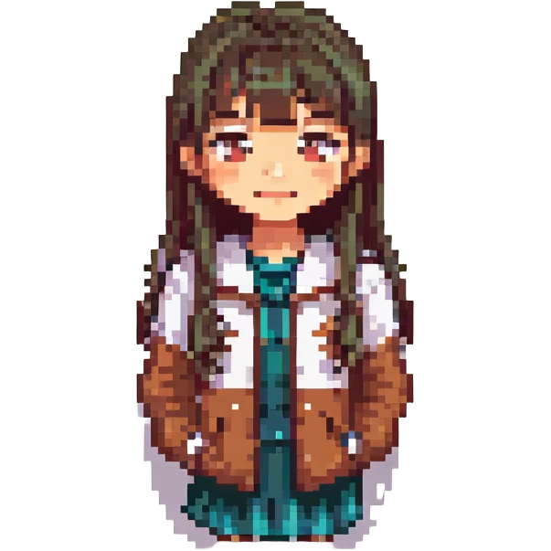 Pixel art Asian girl, college student style clothing, thin bangs, long hair, round eyes, no double eyelids, humorous expression emoji