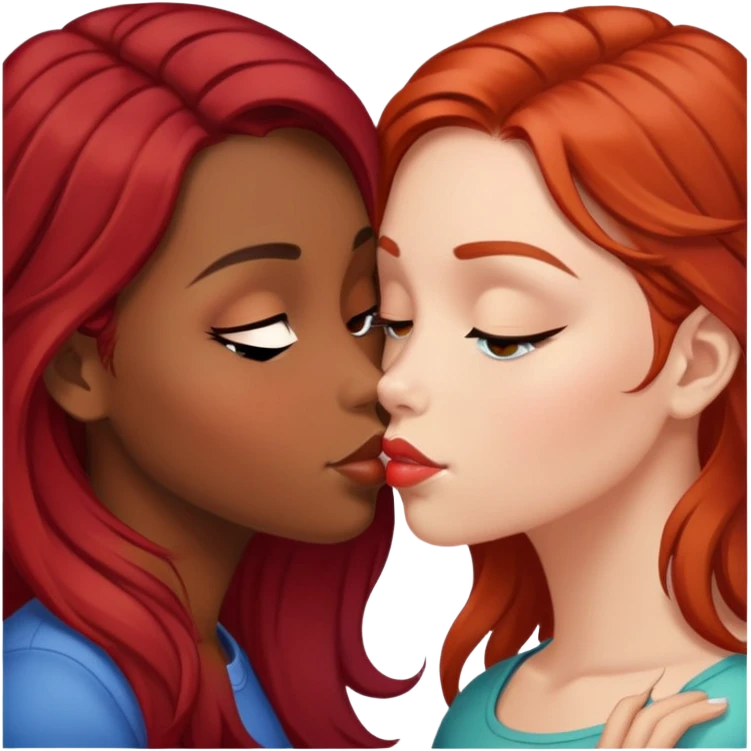 Brown girl dark Brown hair white girl red hair kissing emoji