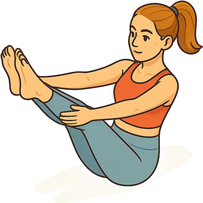 girl in cute yoga outfit performing boat pose (Navasana), 2D isometric style, very detailed facial features, elongated body, many shadows and highlights, clean contours, soft lighting, transparent background emoji