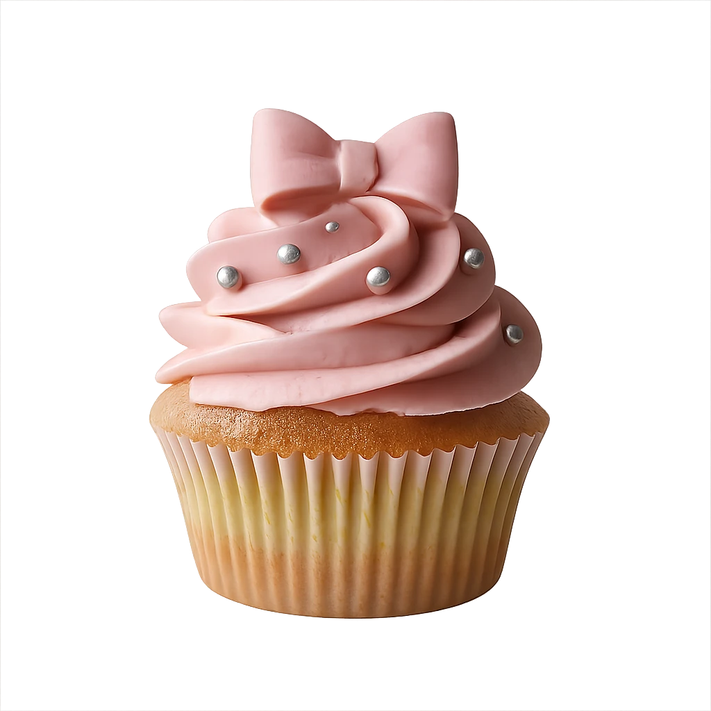 Remove the background, keep only the realistic cupcake with pink icing and accessories, preserve photorealistic style, transparent background. emoji