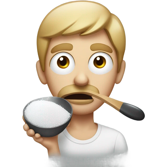 Guy with big eyes and a spoon with salt in it and salt all over his face emoji