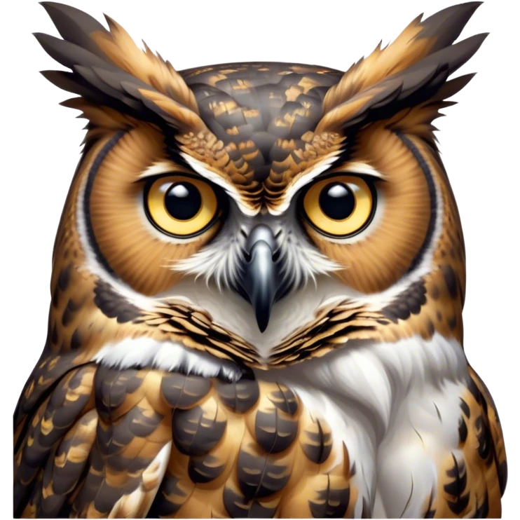 Cinematic Deep Thought Great Horned Owl Portrait Emoji, Head held high with a calm, reflective gaze, showcasing a beautifully mottled plumage and piercing golden eyes that seem to ponder the mysteries of the night, Simplified yet majestically refined features, highly detailed, glowing with a soft, contemplative light, high shine, poised and thoughtful, stylized with an air of profound introspection, capturing the essence of an owl deeply engaged in thought, so thoughtful it feels like it could silently share timeless secrets from beyond the screen! emoji