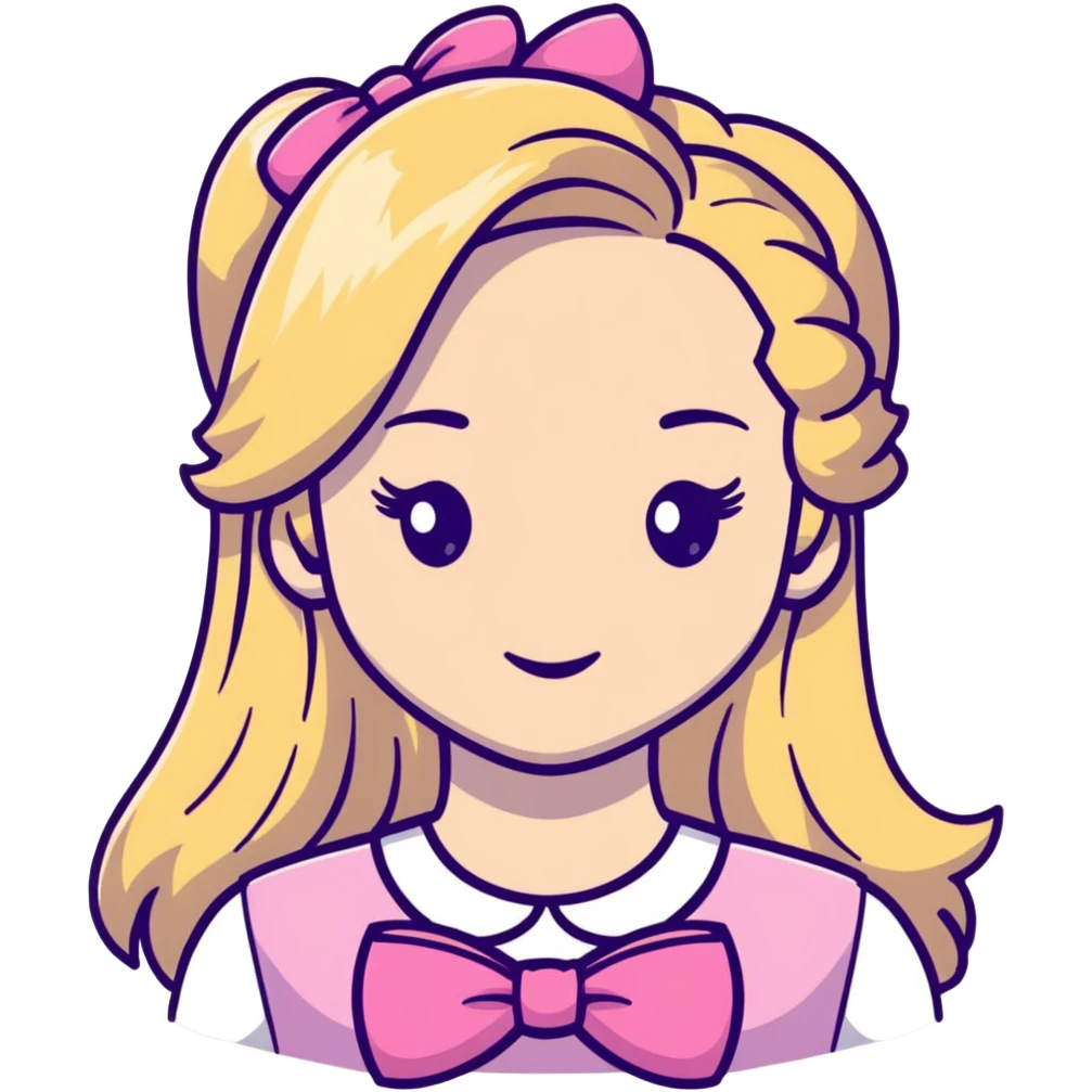 Pretty blonde bombshell girl with long hair and highlights. She has long eyelashes and a pink bow in her hair. emoji
