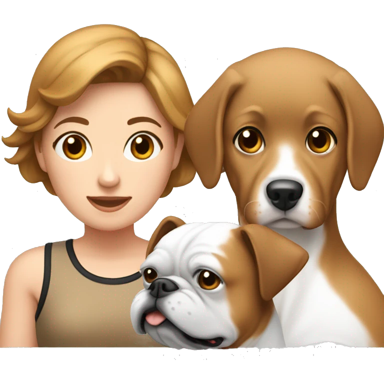 Lady with 2 boxers dogs 1 back and white and 1 tan and white  emoji