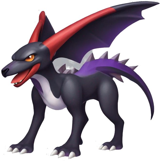 Black Cool Edgy Nargacuga-Houndoom-Garchomp-Noivern Fakémon  with White and Red and purple and black Edgy markings emoji