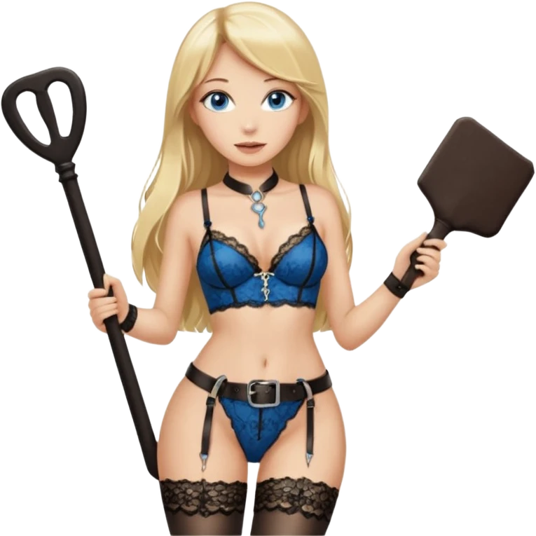 Long blonde hair blue eyes in black lingerie with stockings and harder belt with a key around her neck and a small rectangular leather paddle emoji